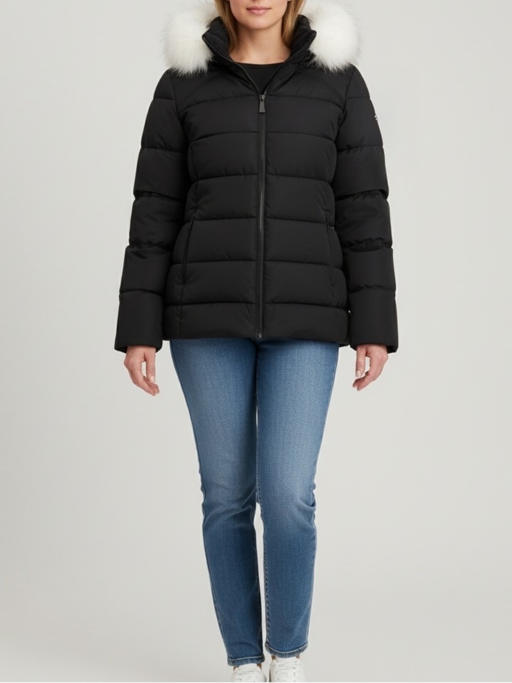 Nautica Women’s Short Puffer Coat Black Large NWOT Faux Fur Hood